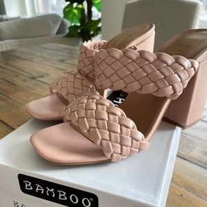 double strap woven chunky heel sandal